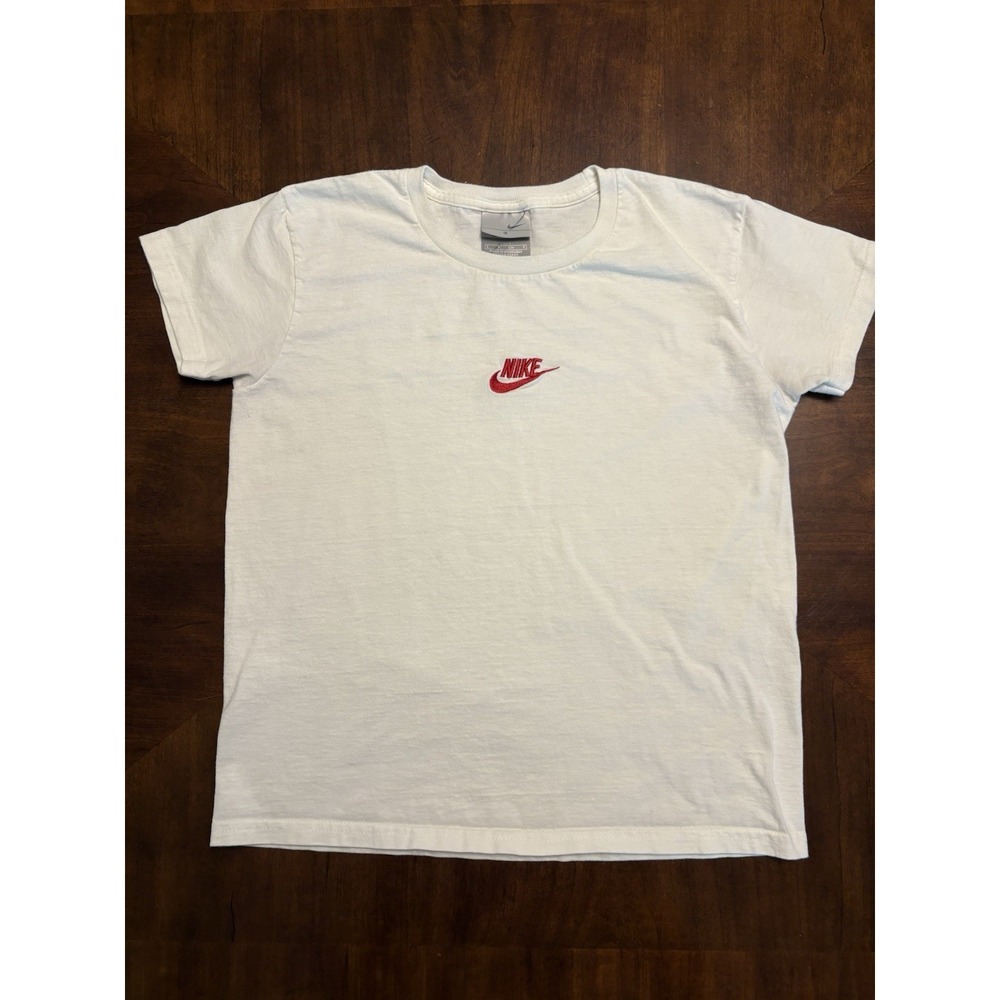 Nike Mens/Womens White T-Shirt Small Red Mini Swoosh Embroidered Classic Tee Y2K